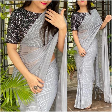 Women Beautiful Chiffon Saree Shiny Lines With Heavy Full | Etsy Velvet Blouse Pattern, Plain Saree With Heavy Blouse, Plain Chiffon Saree, Blouse Designs High Neck, Grey Saree, Designer Sarees Collection, Plain Saree, Saree Blouse Designs Latest, Stylish Blouse Design