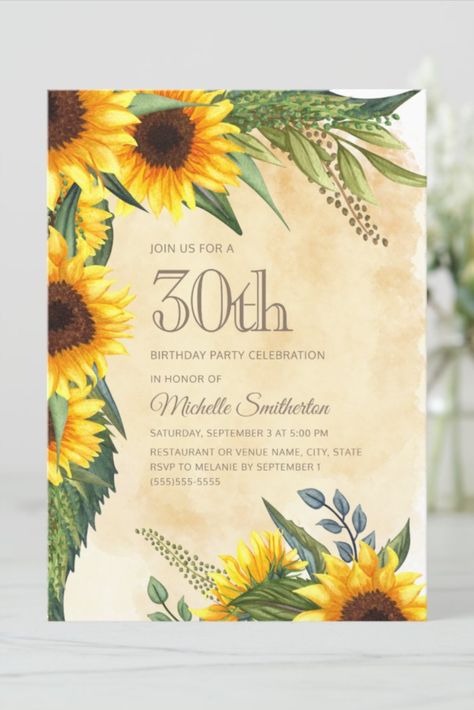 Rustic Yellow Sunflowers 30th Birthday Invitation
Rustic yellow and brown sunflowers with beautiful green leaves 30th birthday party invitation for women #thirtybirthday #30thbirthday #elegant #birthday #happybirthday #birthdaycards #birthdayparty #sunflower Birthday Sunflower, 30th Birthday Party Invitations, Sunflower Party, 30th Birthday Party, Thirty Birthday, 30th Birthday Invitations, Yellow Sunflowers, Elegant Birthday, Birthday Party Celebration