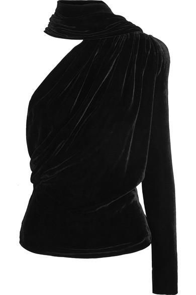 Is This The Next Going Out Top Trend? Wrap Around Shirt, One Sleeve Top, One Shoulder Shirt, Wrap Around Top, Black Velvet Top, Gareth Pugh, Velvet Shirt, Wrap Shirt, Shirts Black