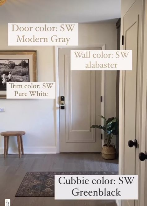 Neutral Painted Interior Doors, Modern Farmhouse Wall And Trim Colors, Beige Interior Doors White Trim, Greige Interior Doors And Trim, Grey Wood Floors Paint Colors, Warm Neutral Hallway Paint Colors, Interior Door Colors With Grey Walls, Oak Floor Color Scheme, Colored Interior Trim