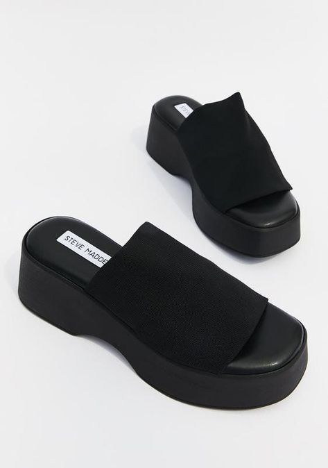 Steve Madden 90s, Steve Madden Slinky, 90s Shoes, Platform Slide Sandals, Black Platform Sandals, Steve Madden Sandals, Steve Madden Bags, Platform Espadrilles, Platform Slides