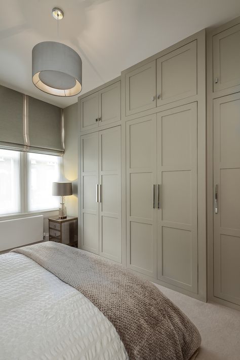 Neutral Bedroom With Wardrobe, Sage Green Bedroom With Wardrobe, Custom Built Wardrobe, Sage Green Fitted Wardrobes, Neutral Bedroom Wardrobe, Bedroom Uk Ideas, Sage Wardrobe Bedroom, Green Bedroom Wardrobe Ideas, Custom Built In Wardrobe