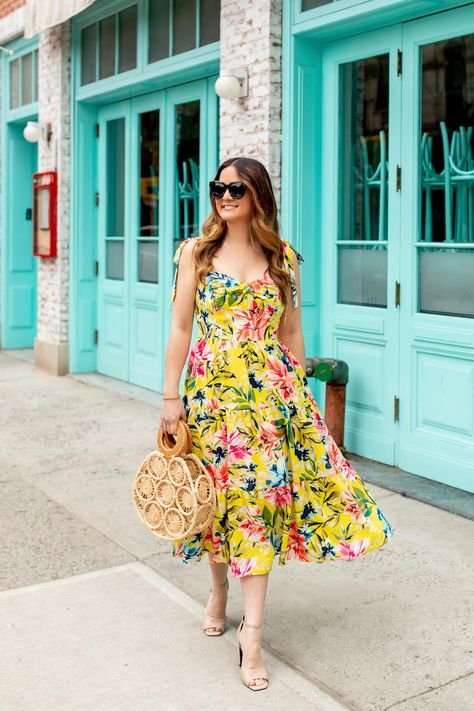 Jennifer Lake Yellow Floral Dress Yellow Floral Dress Outfit, Teacher Apparel, Yellow Floral Maxi Dress, Fancy Attire, Spring Attire, Floral Dress Outfits, Monochromatic Fashion, Closet Wishlist, Chicago Fashion