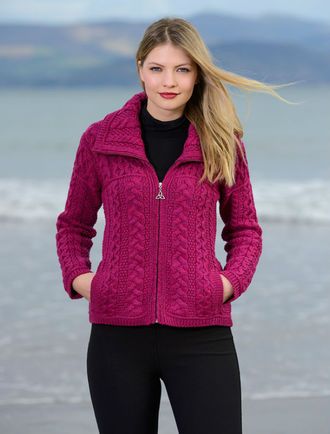 Double Collar Zip Merino Aran Cardigan - Raspberry Irish Sweaters Women, Irish Cardigans, Irish Sweaters, Irish Knitwear, Aran Cardigan, Irish Sweater, Wool Sweaters Womens, Perfect Cardigan, Cable Knit Sweater Cardigan