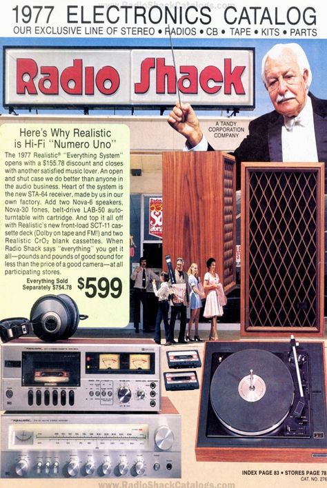 Flip through the 1977 Radio Shack catalog containing vintage: radios, stereo systems, tape players, CB radios, walkie-talkies, scanners, headphones, telephones, electronics, test equipment & more! Cb Radios, Stereo Systems, Radio Shack, Corporate Videos, Old Radios, Shop Layout, Retro Advertising, Home Technology, Vintage Radio