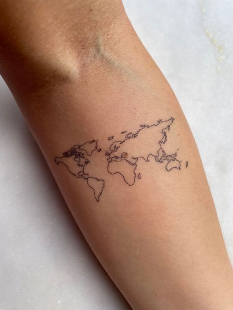 World Map Tattoo Fill In Travel, World Map Tattoo Minimalist, World Fine Line Tattoo, World Map Outline Tattoo, World Map Fine Line Tattoo, World Outline Tattoo, 7 Continents Tattoo, Map Of World Tattoo, Globe Tattoos For Women