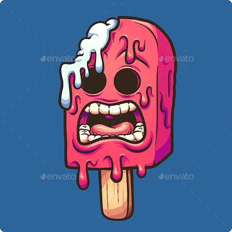 Melting zombie ice popsicle. Vector clip art illustration with simple gradients. Illustration and blue background on separate laye Melting Popsicle Drawing, Melting Art Drawing, Melting Ice Cream Drawing, Melting Drawing, Popsicle Cartoon, Popsicle Drawing, Melting Art, Reverse Graffiti, Vector Illustration Character