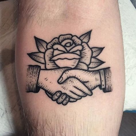 Shaking hands combined with a rose via @christianlanouette #ChristianLanouette #rose #hands #blackwork Shaking Hands Tattoo, Traditional Black Tattoo, Hands Tattoo, Traditional Tattoo Sleeve, Shaking Hands, 4 Tattoo, Disney Tattoo, Old School Tattoo Designs, Traditional Tattoo Design