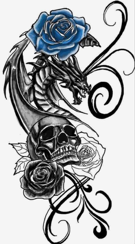 Skull Tattoo Designs For Women, Skull And Dragon Tattoo, Dragon With Roses Tattoo, Couple Tattoos Dragon, Cool Tattoos For Women Half Sleeves, Tattoo Ideas Female Skull, Dragon And Rose Tattoo, Gothic Dragon Tattoo, Dragon Skull Tattoo