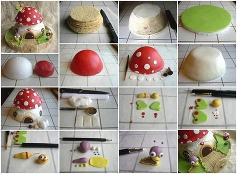 How to DIY Fairy Baby TV Mushroom Cake | www.FabArtDIY.com LIKE Us on Facebook ==> https://www.facebook.com/FabArtDIY Toadstool Cake, Kue Fondant, Mushroom Cake, Torte Creative, Clay Fairy House, Polymer Clay Fairy, House Cake, Fairy Cakes, 3d Cakes