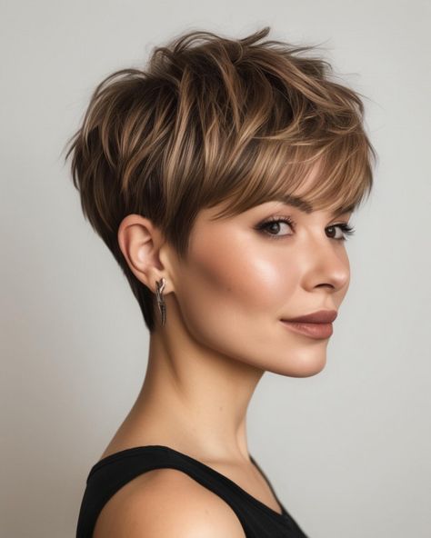 Haircuts To Grow Out A Pixie, Long Pixie Square Face, Short Hairstyle Women Brown Hair, Cute Short Pixie Hairstyles, Hair Color For Pixie Haircut, Tousled Pixie Haircut, Short Womens Haircuts Pixie, Chestnut Brown Pixie Hair, Short Hair Lowlights