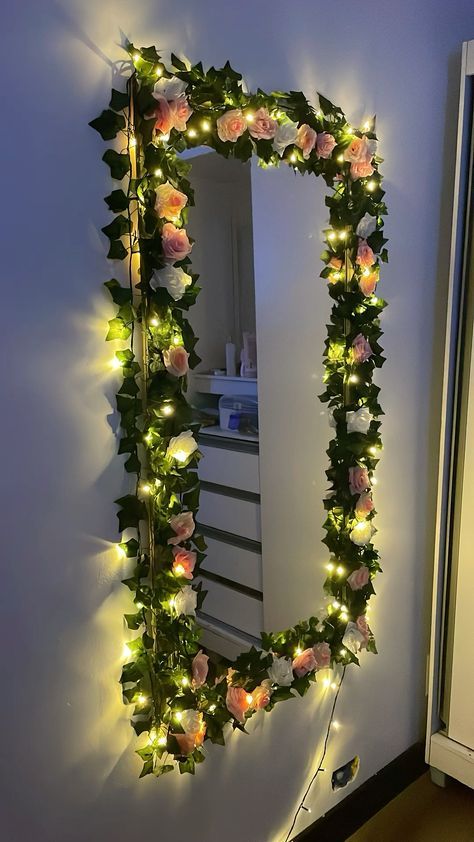 #homedecor, #interiordesign, #homedesign, #decor inspiration Green Leaves Room Decor Ideas, Mirror With Flowers Around It Bedroom, Ways To Decorate Your Bedroom Walls Diy, Fun Mirror Ideas, Mirror On Wall Bedroom, Mirror And Picture Wall, Mirror With Flowers Around It, Flower Mirror Diy, Mirror Wall Decor Bedroom