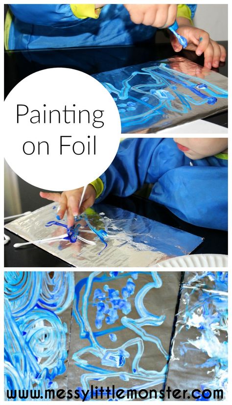 Painting on foil is a simple process art idea for kids. Inspired by Van Gogh's Starry night this activity works on fine motor skills and colour mixing for toddler and preschoolers. Painting On Foil, Childcare Ideas, Toddler Class, Starry Night Art, Monster Boy, Skirt Diy, Messy Art, Dragon King, Sport Art