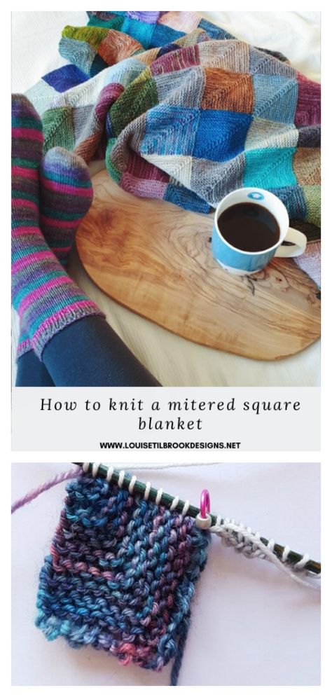 Mitered Square Blanket, Yarn Pictures, Knitting Projects For Beginners, Blanket Corner, Modular Knitting, Knitted Squares Pattern, Easy Blanket Knitting Patterns, Knitting Projects Blanket, Diy Knit Blanket