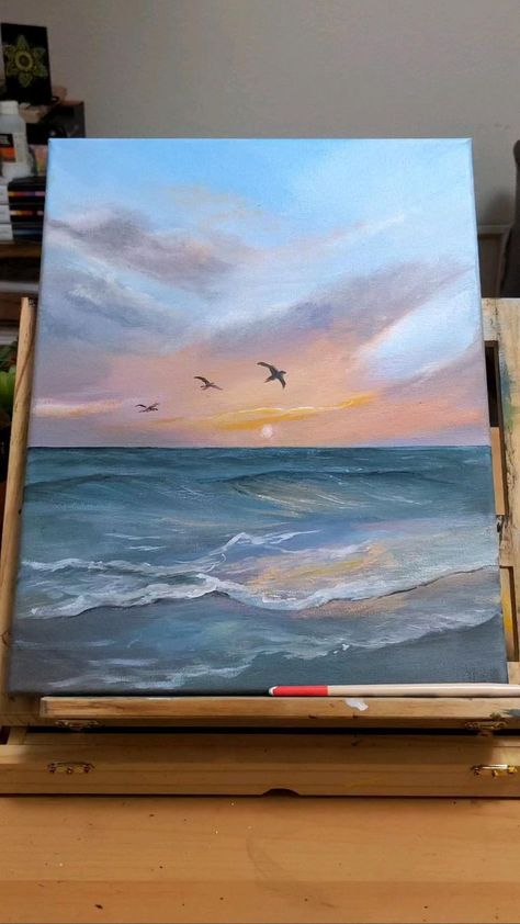 Sunset Ocean Painting, Beautiful Acrylic Painting, Ocean Art Painting, Sunset Over The Ocean, Beach Art Painting, Acrylic Painting Ideas, Sunset Ocean, Canvas Painting Tutorials, Canvas Painting Designs