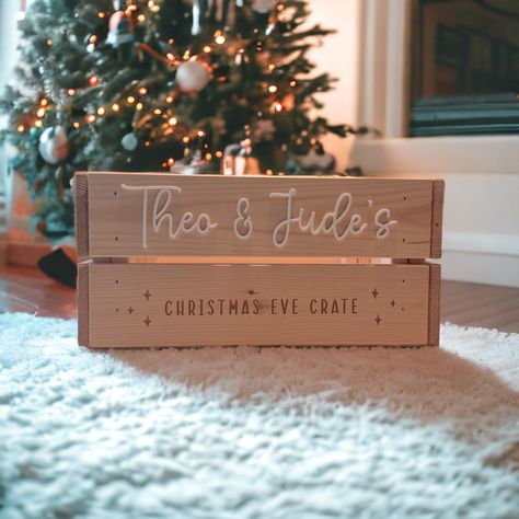 Personalised Christmas Eve Crate Box Treats - Etsy Circuit Joy, Christmas Eve Crate, Personalised Christmas Eve Box, Christmas Eve Box, Personalized Gift Tags, Treat Boxes, White Acrylics, Little People, Christmas Eve