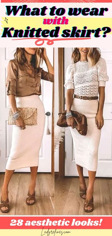 What to wear with knitted skirt Sweater Pencil Skirt Outfit Winter, Black Knit Sweater Skirt, White Knit Pencil Skirt Outfit, Cardigan And Pencil Skirt Outfit, White Pencil Skirt Outfit Winter, White Knit Midi Skirt Outfit, Style Sweater Skirt, Knitted Pencil Skirt Outfit, Knit Midi Skirt Outfit Fall