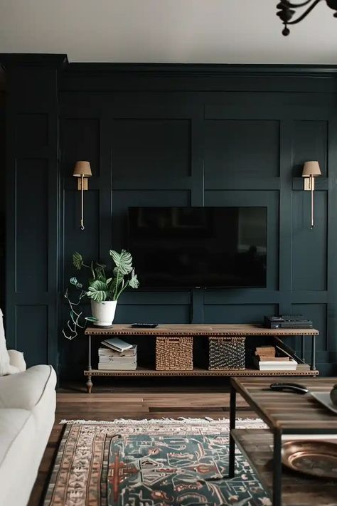 Tall Wall Above Tv, Wood Trim Accent Wall Living Room Tv, Accent Wall In Living Room With Tv, Tv Snug Room Ideas, Tv Wall Color, Tv Over Fireplace Ideas Living Rooms, Dark Tv Wall, Living Room Fireplace Tv, Tv Over Fireplace Ideas