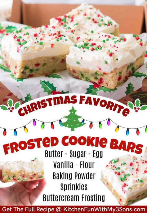 Christmas Sugar Cookie Bars are soft melt-in-your-mouth cookies topped with a rich buttercream frosting. These are always the first thing to go on the Holiday cookie tray. #christmas #recipes #dessert Cake Mix Cookie Bars Christmas, Christmas Sugar Cookie Bars Recipe, Christmas Cookie Bake Off Ideas, Christmas Mm Cookie Bars, Frosted Sugar Cookie Bars, Christmas Recipes Dessert, Christmas Bake Sale, Christmas Sugar Cookie Bars, Santa’s Favorite Christmas Cookie Bars