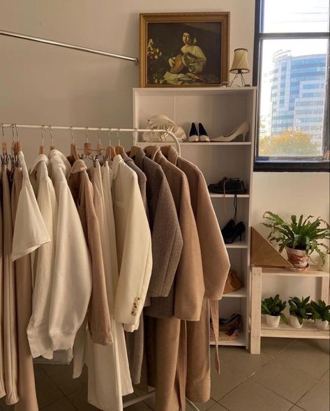 Beige Closet Aesthetic, Beige Wardrobe Aesthetic, Beige Fits Aesthetic, Beige Aesthetic Wardrobe, Clothes Beige Aesthetic, Beige Things Aesthetic, Brown Closet Aesthetic, Clothes Room Aesthetic, Clothes Brown Aesthetic