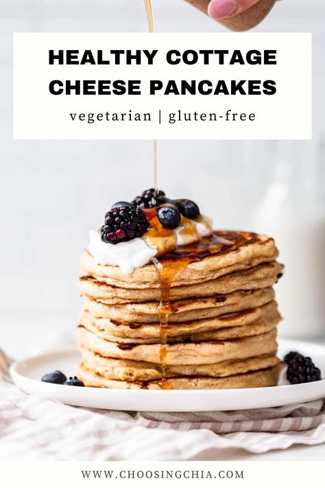 Cottage Cheese Pancakes Gluten Free, Cottage Cheese Pancakes Healthy, Oatmeal Cottage Cheese Pancakes, Gf Pancakes, Oat Flour Pancakes, Vegetarian Pancakes, Chia Recipes, Healthy Pancake, High Protein Pancakes