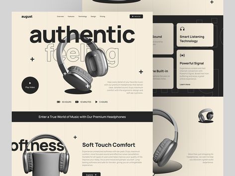 august - Electronic Headphone Landing Page Website by kevynryandana on Dribbble Headphone Website Design, Mailer Design, Landing Page Website, Headphones Design, Presentation Board, Ui Ux Design, Product Packaging, Lettering Design, Page Design