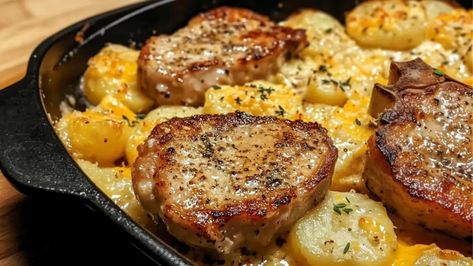 Tender Garlic Parmesan Pork Chops with creamy Cheesy Scalloped Potatoes – a comforting, delicious, and easy-to-make meal perfect for any weeknight dinner. Garlic Parmesan Pork Chops With Scalloped Potatoes, Garlic Parmesan Pork Chops And Potatoes, Garlic Parmesan Pork Chops And Cheesy Scalloped Potatoes, Garlic Parmesan Pork Chops, Cheese Pork Chops, Cheesy Scalloped Potatoes Recipe, Beef Chops, Parmesan Pork Chops, Cheesy Scalloped Potatoes