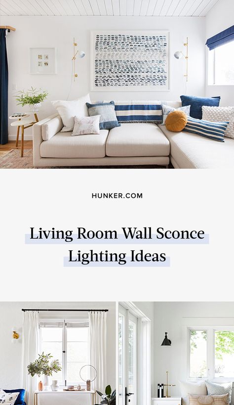 Wall sconces in the living room, in particular, create mood and intimacy and bring light just where you need it. Here are a few different ways to approach it. #hunkerhome #lighting #livingroom #wallsconce #lightingideas Wall Light Above Sofa, Sconces Kitchen Wall, Wall Sconces Living Room Couch, Living Room Light Sconces, Lamp Sconces Living Room, Wall Gallery With Sconces, Wall Lamps Living Room Behind Couch, Lights Next To Tv On Wall, Family Room Sconces