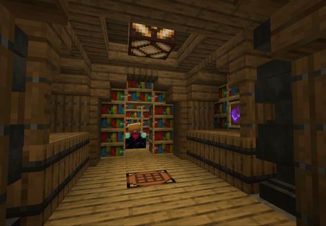 Bookshelf Minecraft Ideas, Minecraft Stairs Design Inside, Bookshelf Design Minecraft, Underground Enchantment Room Minecraft, Minecraft Chest Room Designs, Minecraft Alchemy Room, Workshop Minecraft, Library Minecraft Ideas, Minecraft Bookshelf Ideas