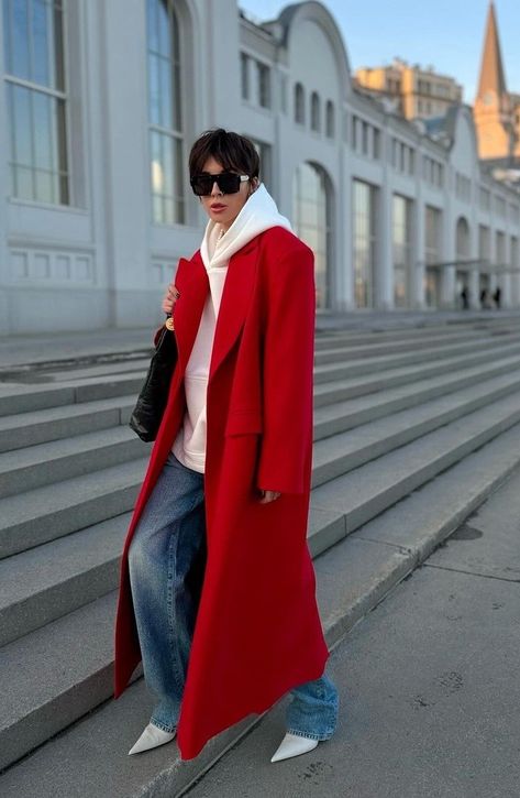 Red Overcoat Outfit Women, Red Coat Aesthetic, Red Coat Outfit Winter Classy, Red Coat Outfit Winter, Red Puffer Jacket Outfit, Burgundy Coat Outfit, Coat Outfit Winter, Red Coat Outfit, Red Jacket Outfit