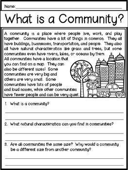 Standard G2.8. Cultures develop in unique ways, in part through the influence of the physical environment. 9. Interactions among cultures lead to sharing ways of life. Literature: Where Do I Live? Neil chesanow Explanantion: this worksheet gives the student a basic undersranding of what a community is and how they are important to sustain a society. Grade 2 Worksheets, Social Studies Communities, Third Grade Social Studies, 3rd Grade Social Studies, Geography Worksheets, Kindergarten Social Studies, Social Studies Unit, History Worksheets, Homeschool Social Studies