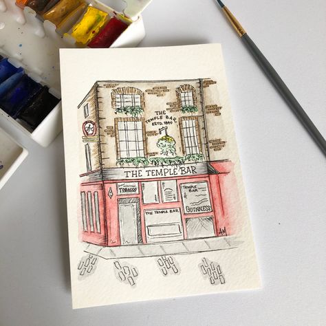 Ireland Drawing Ideas, Dublin Illustration, Watercolor Ireland, Ireland Drawing, Ireland Illustration, Cafe Street, Temple Bar Dublin, Bookmark Ideas, Watercolor Postcard