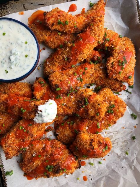 Cheez-Its Crusted Baked Chicken Tenders with Buffalo Sauce and Homemade Ranch - Sara Tane Baked Chicken Tenders, Chicken With Olives, Homemade Ranch, Buffalo Sauce, Cheez It, Salad With Sweet Potato, Chicken And Waffles, Chicken Cutlets, Chicken Tenders