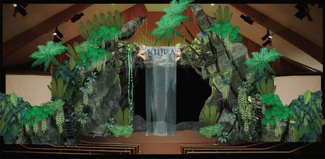 Jungle Stage Design, Avatar Tree, Jungle Vbs, Stage Production, Camp Theme, Stage Set Design, Camping Theme, Stage Set, Jungle Theme