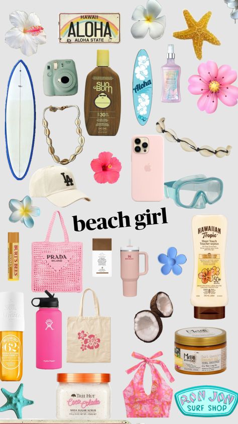 #beachgirl #myfirstshuffle Cute Summer Accessories, Summer Bag Essentials, Girly Essentials, Hawaii Hibiscus, Preppy Travel, Summer Necessities, Preppy Vsco, Summer Wishlist, Coconut Dream