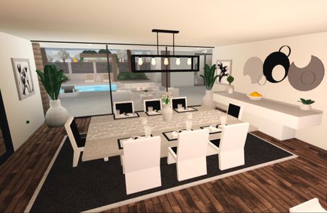 Custom Dining Table Bloxburg, Dining Bloxburg, Bloxburg Dinner Table Ideas, Bloxburg Interior Dining Room, Modern Dining Room Bloxburg Ideas, Bloxburg Dining Table, Bloxburg Dinning Room Ideas Aesthetic, Bloxburg Modern Dining Room, Modern Dining Room Bloxburg