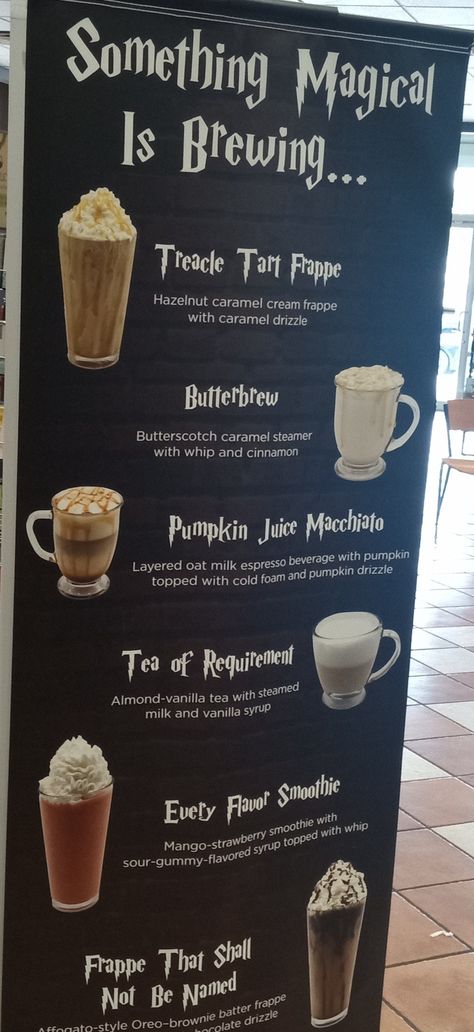 Acotar Starbucks Drink, Harry Potter Coffee Drinks, Starbucks Drinks Harry Potter, Harry Potter Starbucks Drink, Harry Potter Coffee Shop, Special Starbucks Drinks, Drink Trailer, Drink Hacks, Harry Potter Drinks