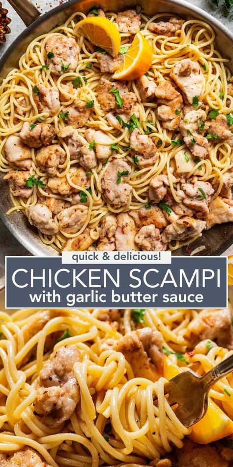 Don't miss out on this Chicken Scampi recipe! Featuring al dente pasta and juicy chicken bites all swirled in a zesty lemon garlic butter sauce, it's a dish destined to win over the whole family. Chicken Tenderloin Pasta Recipes, Garlic Butter Chicken Bites With Pasta, Chicken Thighs And Pasta, Chicken Thighs Pasta, Chicken Thigh Pasta Recipes, Tenderloins Recipes, Chicken Linguini, Lemon Butter Chicken Pasta, Diethood Recipes