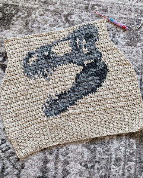 Dinosaur Crochet Sweater, Crochet Dinosaur Sweater, Pixel Art Crochet Sweater, Jurassic Park Crochet, Tapestry Crochet Sweater, Trex Crochet, Tapestry Sweater, Skull Crochet, T Rex Skull