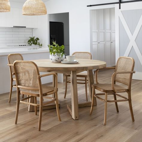 Round Dining Table Australia, Scandi Boho Dining Room, Round Timber Dining Table, Small Round Dining Room Table, Beach House Dining Table, Hyams Beach, Boho Dining Table, Wood Dinner Table, Tuscan Homes