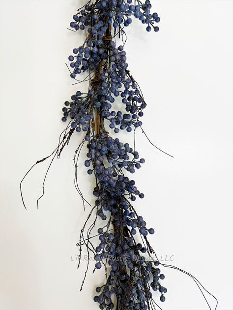 Blueberry Branch Powdered Faux Garland, Farmhouse Garland, Rustic Garland, Holiday Garland, Floral Garland Floral Christmas Garland, Pale Blue Christmas Decor, Blueberry Christmas Decor, Blueberry Garland, Dark Blue Christmas Decor, Navy Blue Christmas Decor, Navy Blue Christmas Tree, Blue Christmas Decor Ideas, Navy Christmas Tree