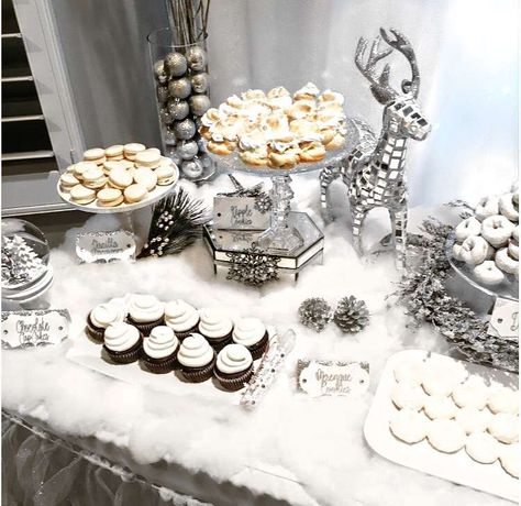 Winter Wonderland Christmas/Holiday Party Ideas | Photo 4 of 5 | Catch My Party Schnee Party, Winter Wonderland-party, Winter Wonderland Christmas Party, White Christmas Party, Buffet Dessert, White Party Decorations, Snow Party, Wonderland Christmas, Winter Wonderland Birthday