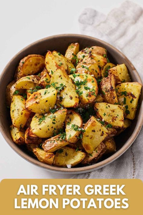 Potatoes Dinner Recipes, Lemon Roasted Potatoes, Potatoes Dinner, Air Fry Potatoes, Greek Lemon Potatoes, Steak Bites Recipe, Simple Dinners, Air Fryer Steak, Greek Potatoes