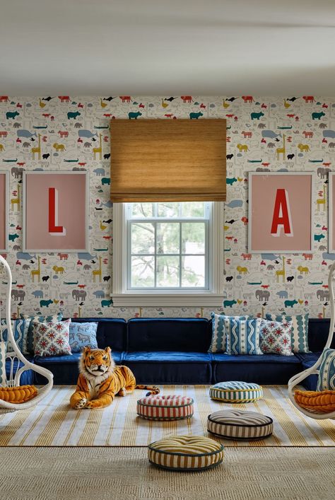 playroom Wallpaper Playroom For Kids, Elegant Playroom Ideas, Playroom No Windows, Playroom Above Garage, Long Narrow Playroom, Vaulted Ceiling Playroom, Mcgee And Co Playroom, Bonus Room Playroom Ideas, Mcgee Playroom