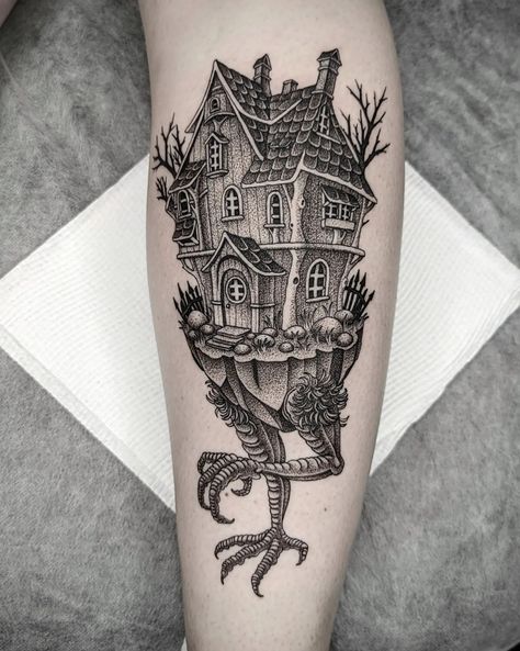 Doll House Tattoo, Witch House Tattoo, Baba Yaga House Tattoo, Baba Yaga Tattoo, October Tattoos, Babayaga Tattoo, Witchcraft Tattoo, Haunted House Tattoo, Tattoo Bible