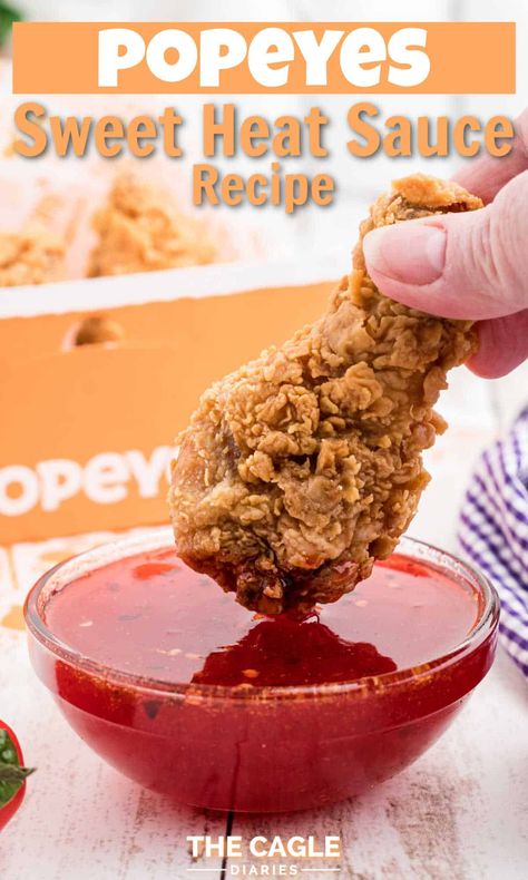 Popeyes Copycat Recipes Dipping Sauces, Sweet Heat Sauce Popeyes, Popeyes Sweet And Spicy Wings, Popeyes Ghost Pepper Wings Recipe, Fried Chicken Dipping Sauce Recipes, Popeyes Sauce Recipe, Popeyes Sweet Heat Sauce Recipe, Restaurant Sauce Recipes, Sweet Heat Wing Sauce