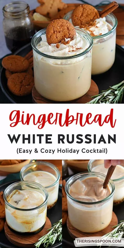 Make the holiday season extra festive & fun with a cozy Gingerbread White Russian. This drink recipe features classic White Russian ingredients (Kahlua, vodka & cream), plus an easy homemade gingerbread simple syrup to create the ultimate sweet & creamy cocktail. Top with whipped cream & a gingersnap or mini gingerbread cookie for a cute aesthetic. It's perfect for Christmas and New Year's Eve parties, but so good you'll want to fix it all fall & winter long. (dairy-free   mocktail option) White Russian Cocktail, Gingerbread Syrup, Homemade Gingerbread, Creamy Cocktails, Thanksgiving Drinks, Easy Cocktail, Ginger Cake, Beverage Recipes, Ginger Snap Cookies