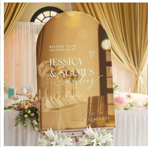 We can't get over this cool GOLDEN mirror ready to customize with your names for your wedding day! This is such a chic wedding reception detail that can easily be a fun decor piece in your new home once you are married! We love this gold wedding mirror. Gold Mirror Welcome Sign, Gold Mirror Wedding, Mirror Welcome Sign, Sophisticated Wedding Reception, Wedding Bar Signage, Mirror Wedding Signs, Wedding Reception Signage, Wedding Entrance Sign, Gold Wedding Signs