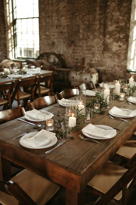 The Perfect Blend of Romance and Industrial Charm: Their Savannah Wedding �— Yazi Davis Urban Chic Wedding Decor, Warehouse Wedding Decor, Warehouse Wedding Decorations, Industrial Wedding Table, Industrial Romantic Wedding, Wedding Warehouse, White Shots, Industrial Wedding Decor, Industrial Chic Wedding