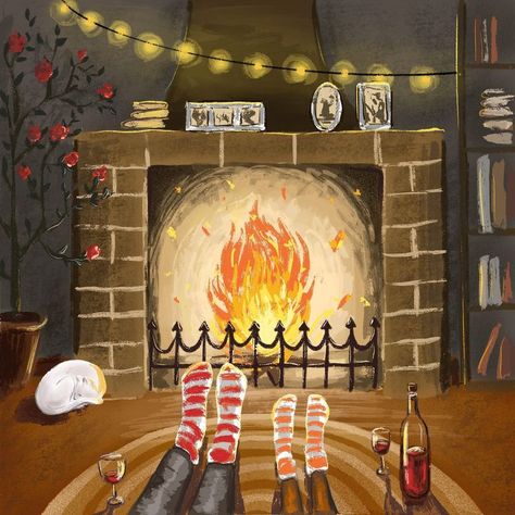 Fireplace Illustration Drawing, Cozy Illustration Winter, Winter Painting Kids, Fireplace Illustration, Drawing Cup, Fireplace Drawing, Snow Illustration, Fireplace Art, Winter Illustration